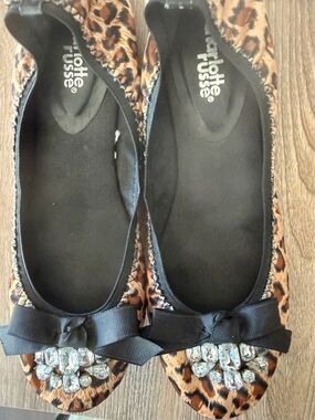 Charlotte Russe Leopard Print Ballet Flats with Black Bow & Gem Accents